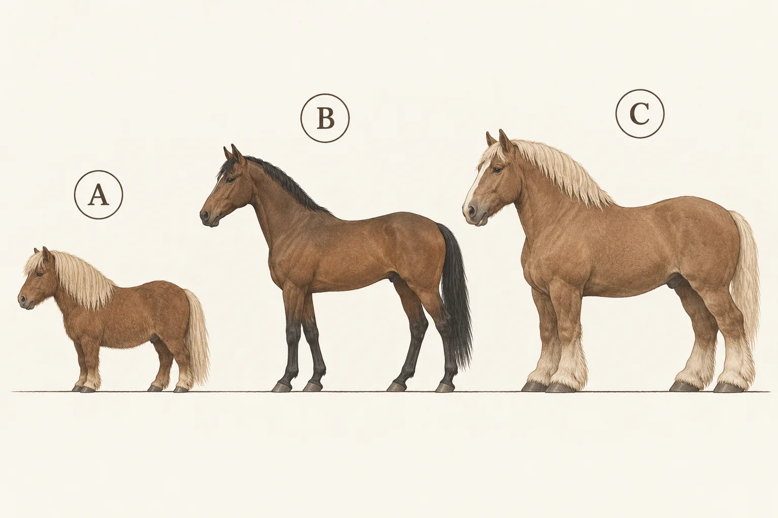 Comparaison à la même échelle du gabarit d'un poney Shetland, d'un cheval de selle et d'un cheval de trait