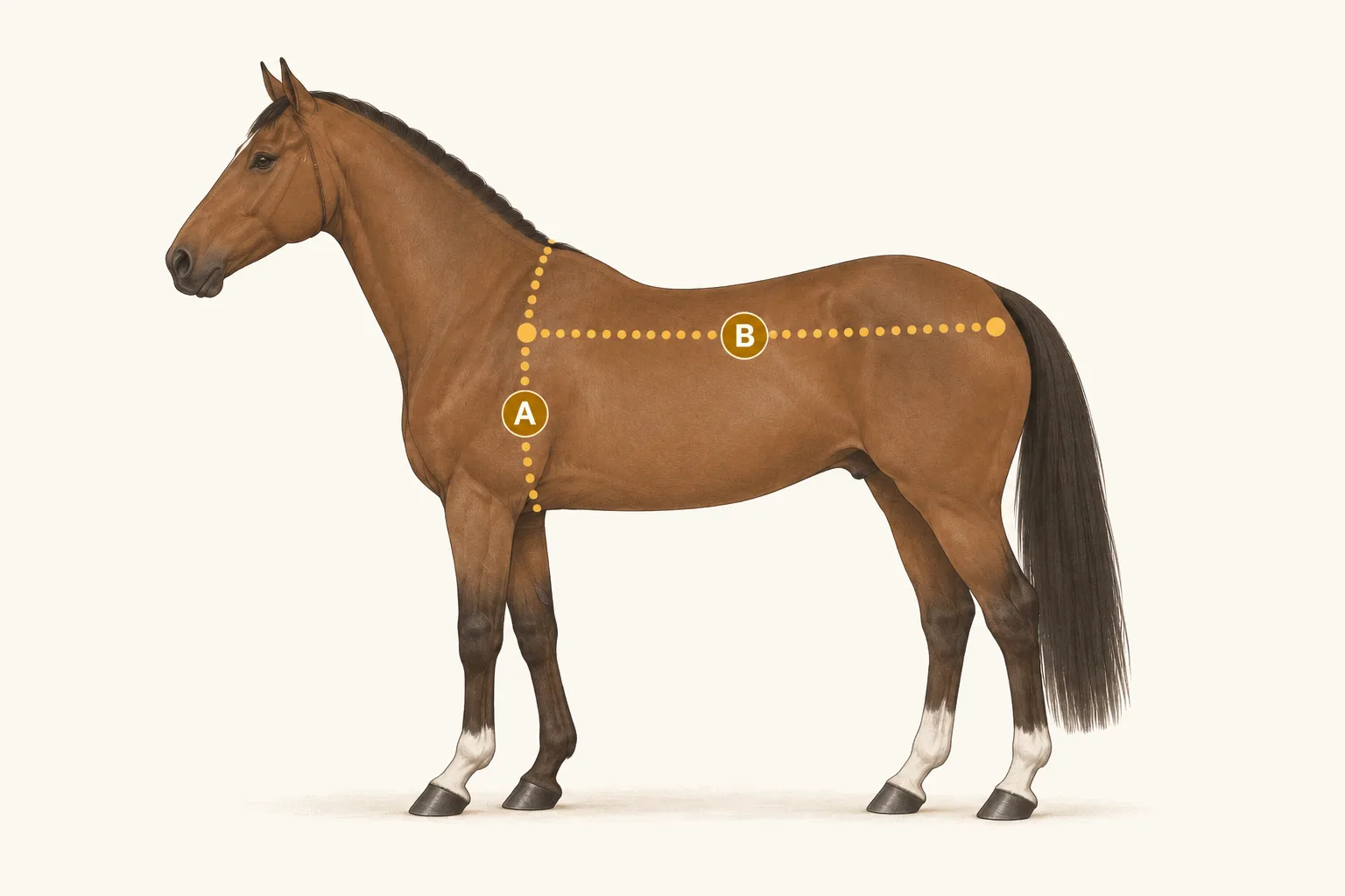 Schéma : où mesurer le périmètre thoracique et la longueur du corps pour estimer le poids d'un cheval