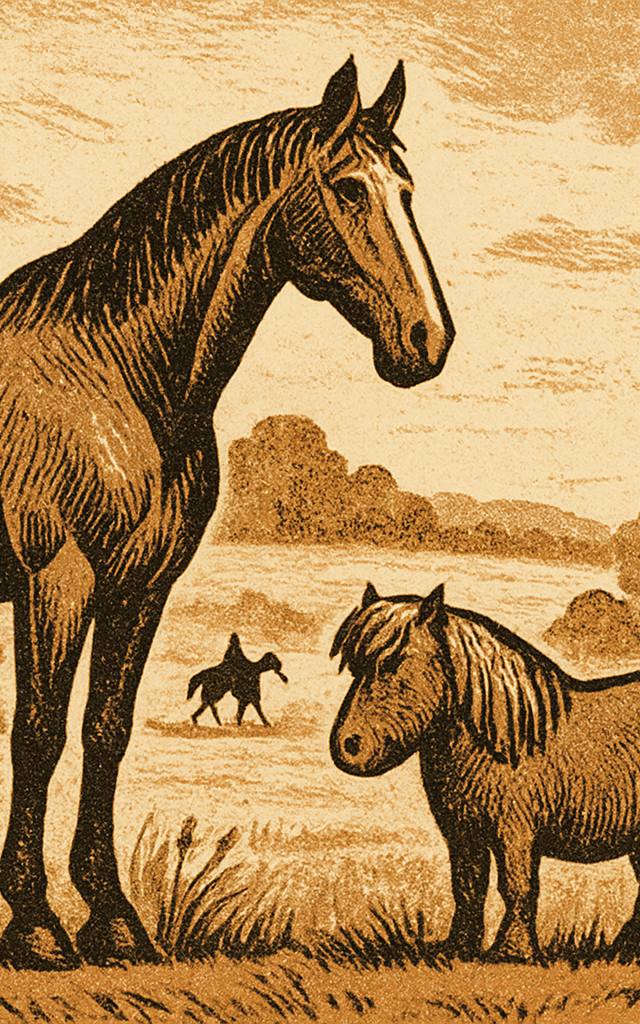 Un grand cheval de selle et un poney Shetland côte à côte dans une prairie