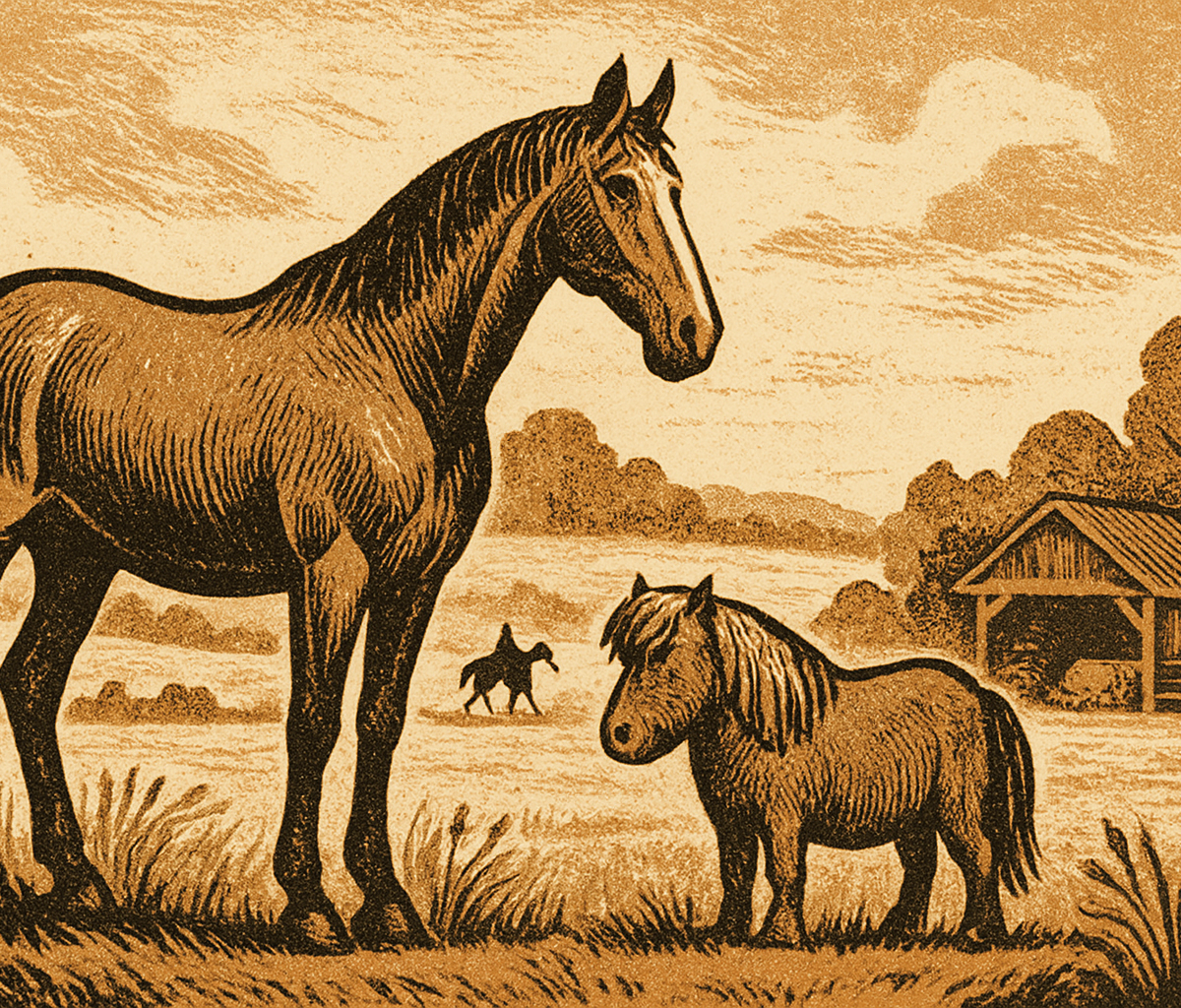 Un grand cheval de selle et un poney Shetland côte à côte dans une prairie